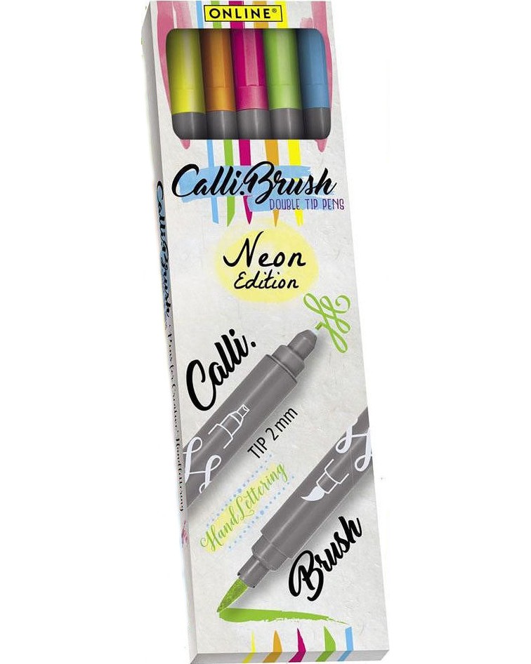 Двувърхи маркери Online Germany Calli Brush Neon Двувърхи маркери Online Germany Calli Brush Neon - 5 неонови цвята -
