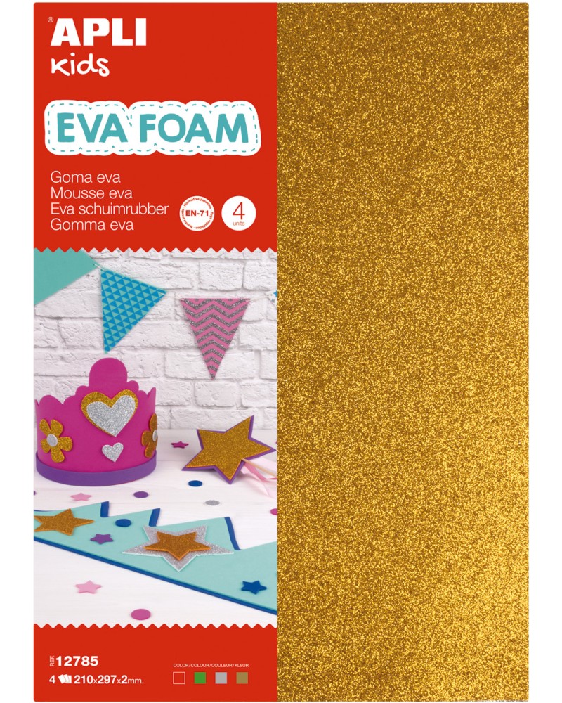 Брокатени листове EVA пяна Apli Kids Брокатени листове EVA пяна Apli Kids - 4 цвята, 21 x 29.7 cm -