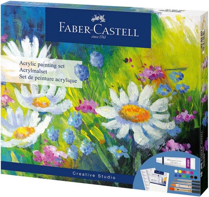 Акрилни бои Faber-Castell - 12 цвята x 9 ml с четки, палитра и платно от серията Creative studio - 
