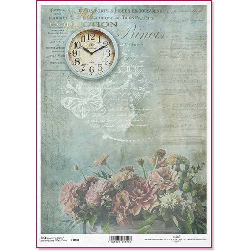 Декупажна хартия ITD Collection - Часовник и цветя Декупажна хартия ITD Collection - Часовник и цветя - A4 -