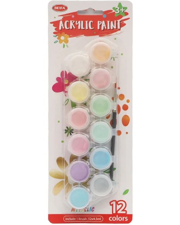 Акрилни бои Beifa DD100-C703 Акрилни бои Beifa DD100-C703 - 12 пастелни цвята x 4.5 ml, с четка - боя