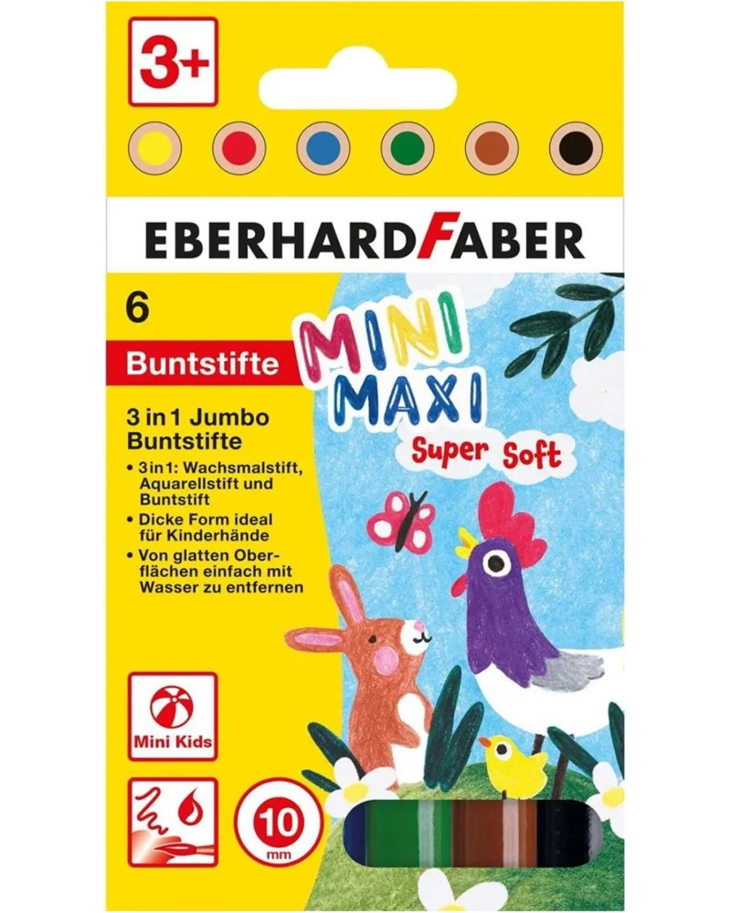 Цветни моливи 3 в 1 Eberhard Faber Jumbo Mini Maxi Цветни моливи 3 в 1 Eberhard Faber Jumbo Mini Maxi - 6 цвята -