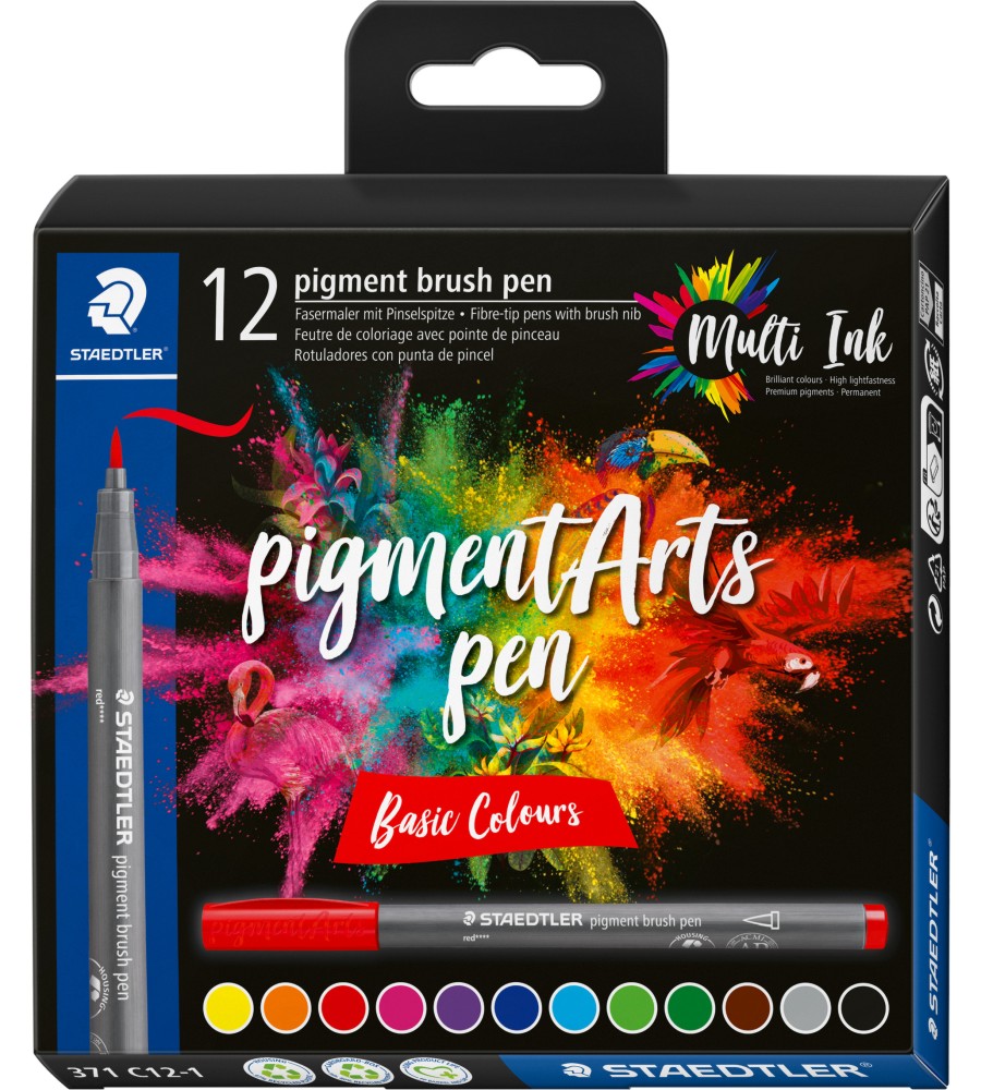 Маркери с връх тип четка Staedtler Pigment Arts 371 Basic Colours Маркери с връх тип четка Staedtler Pigment Arts 371 Basic Colours - 12 цвята -