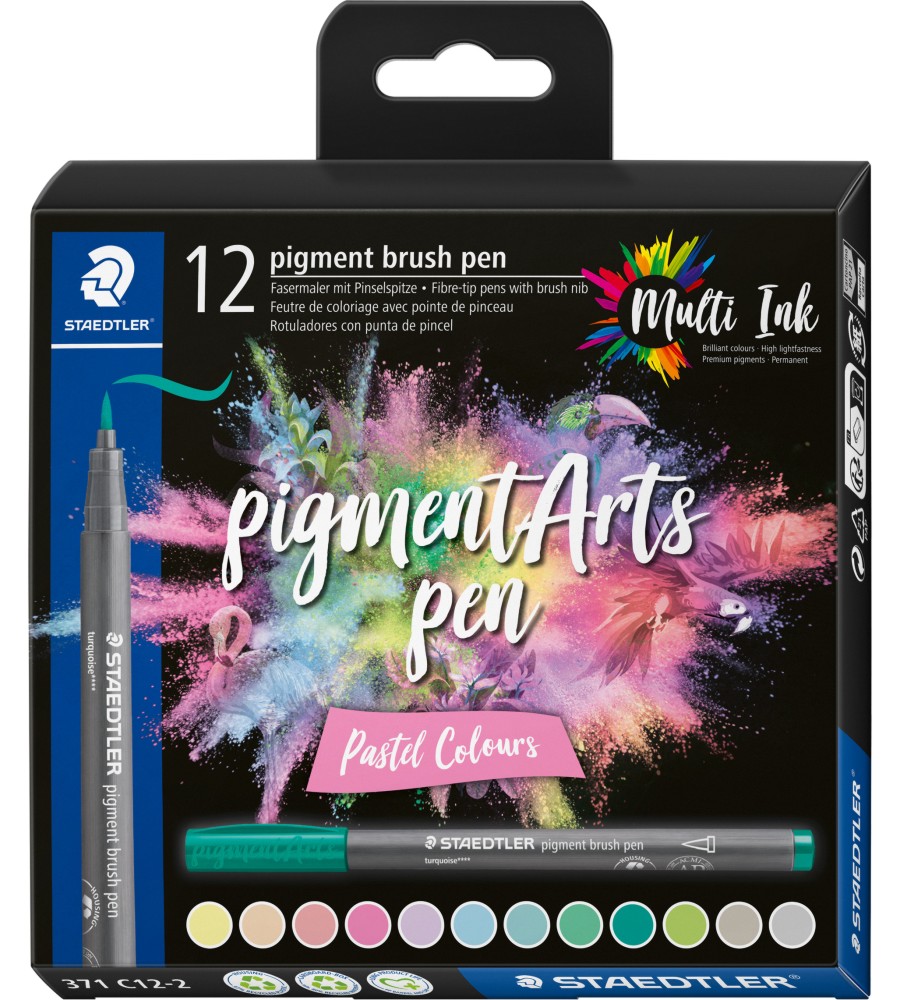 Маркери с връх тип четка Staedtler Pigment Arts 371 Pastel Colours Маркери с връх тип четка Staedtler Pigment Arts 371 Pastel Colours - 12 цвята -
