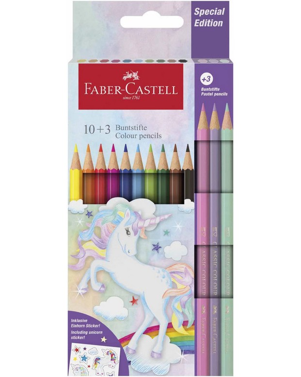Цветни моливи Faber-Castell - Еднорог Цветни моливи Faber-Castell - Еднорог - 10 цвята + 3 пастелни и стикери -