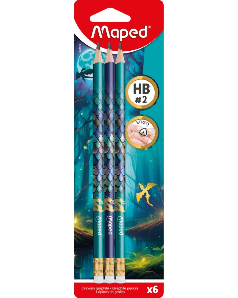 Графитни моливи HB+ Maped Графитни моливи HB+ Maped - 6 или 12 броя с гумички от серията Dragon -