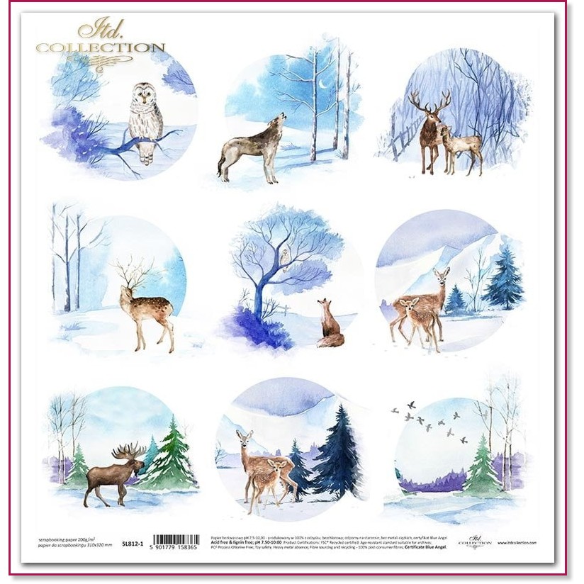 Хартия за скрапбукинг ITD Collection - Зимни животни Хартия за скрапбукинг ITD Collection - Зимни животни - 31 x 32 cm -