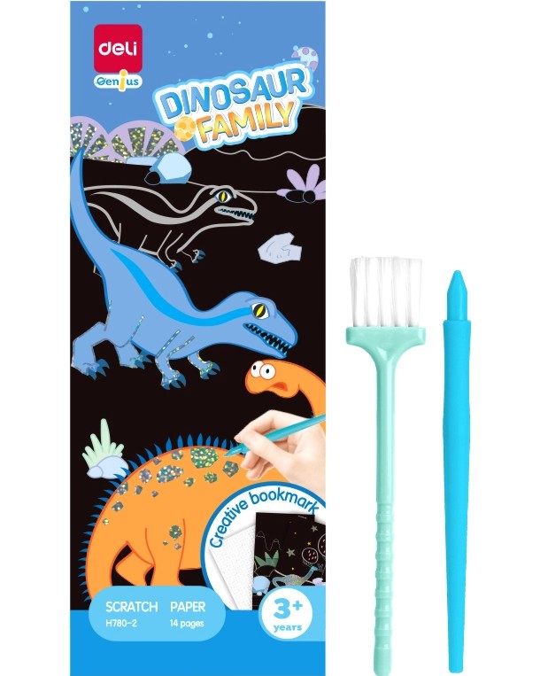 Скреч картини Deli - Dinosaur Family Скреч картини Deli - Dinosaur Family - 14 броя, инструмент и четка от серията Genius -