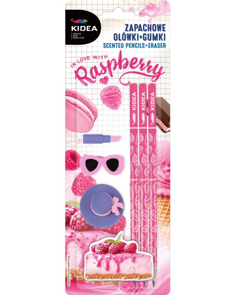 Графитни моливи HB Kidea Raspberry Cheesecake Графитни моливи HB Kidea Raspberry Cheesecake - 3 броя и гумички с аромат на малинов чийзкейк -
