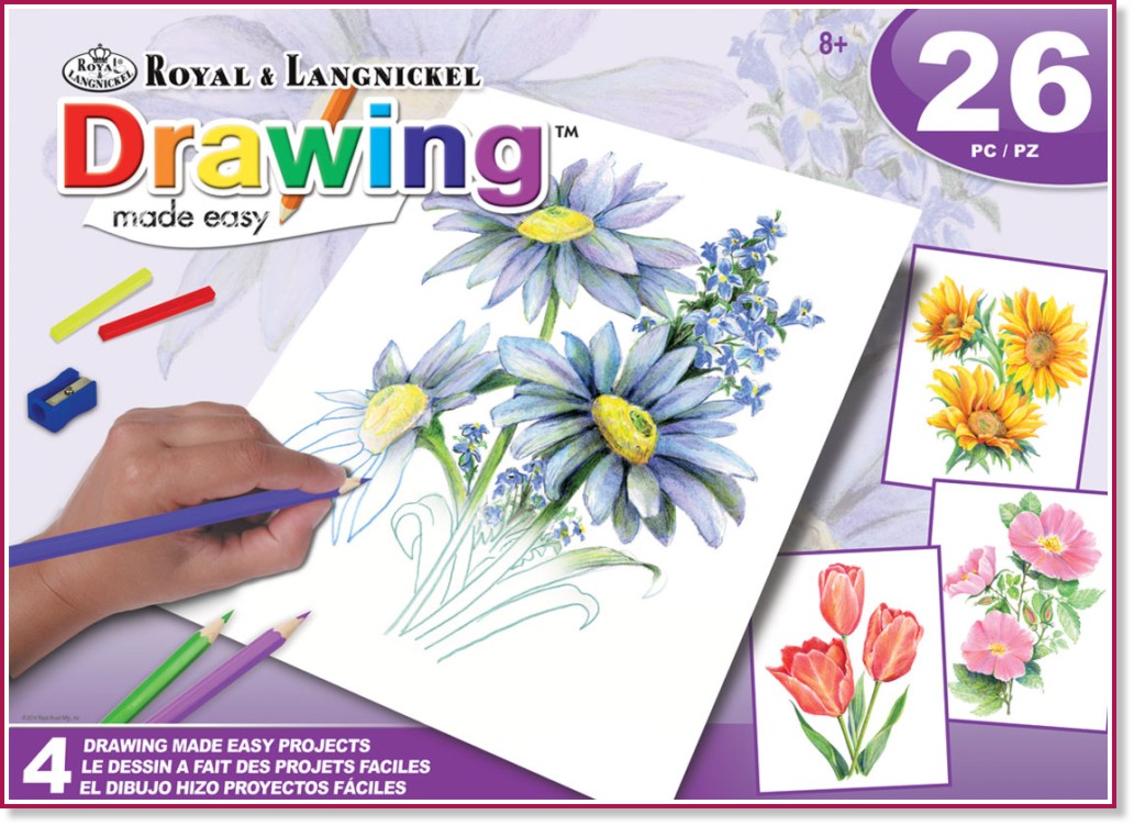 Рисуване по номера Royal & Langnickel - Цветя Рисуване по номера Royal & Langnickel - Цветя - Комплект от 4 картини 20 x 25 cm с цветни моливи -