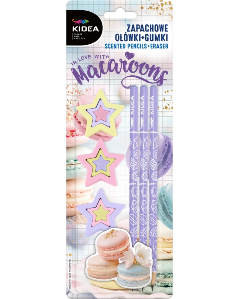 Графитни моливи HB Kidea Macaroon Графитни моливи HB Kidea Macaroon - 3 броя и гумички с аромат на френски макарони -