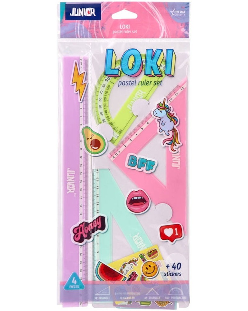Чертожни инструменти Junior Loki Чертожни инструменти Junior Loki - Линия, 2 триъгълника, транспортир и стикери -