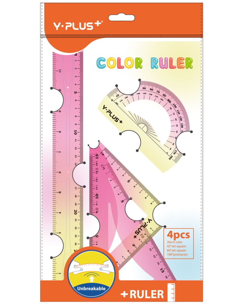 Чертожни инструменти Y-Plus Color Ruler Чертожни инструменти Y-Plus Color Ruler - 2 триъгълника, линия и транспортир -