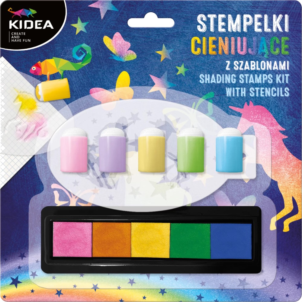 Печати Kidea Печати Kidea - 5 цвята с шаблони и апликатори за гъби -