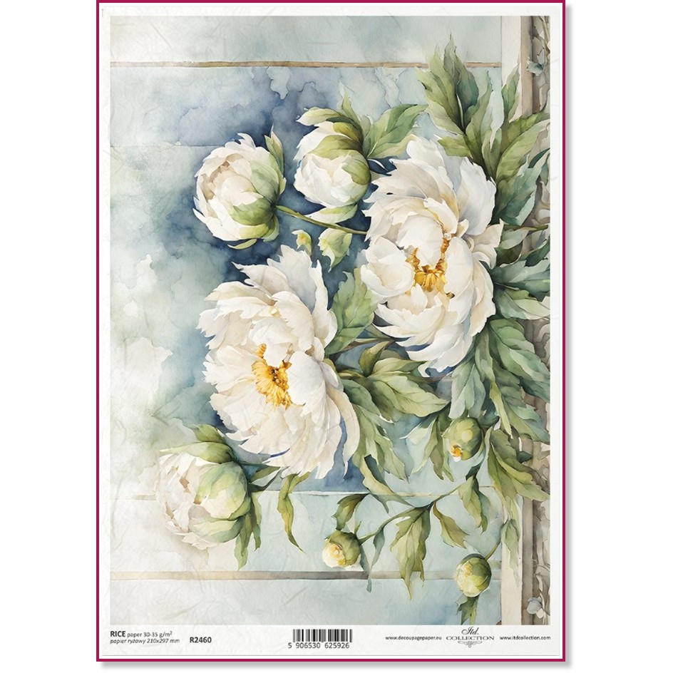 Декупажна хартия ITD Collection - Бели божури Декупажна хартия ITD Collection - Бели божури - A4 -