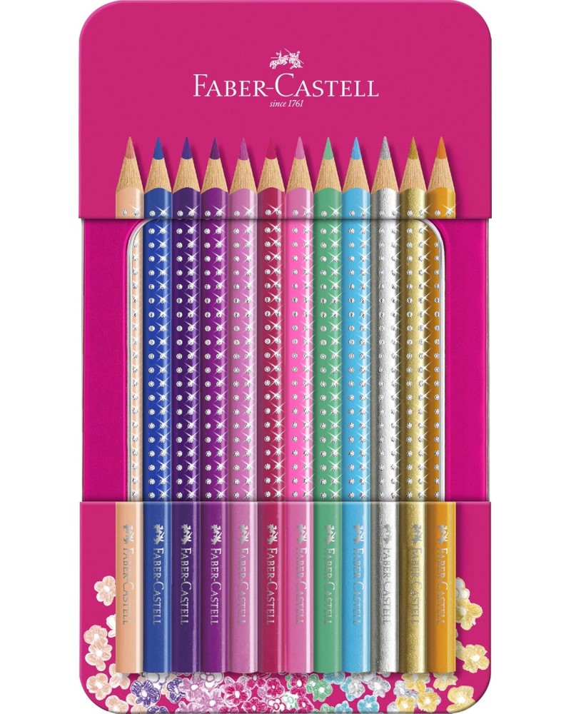 Цветни моливи Faber-Castell Цветни моливи Faber-Castell - 12 цвята в метална кутия от серията Sparkle -