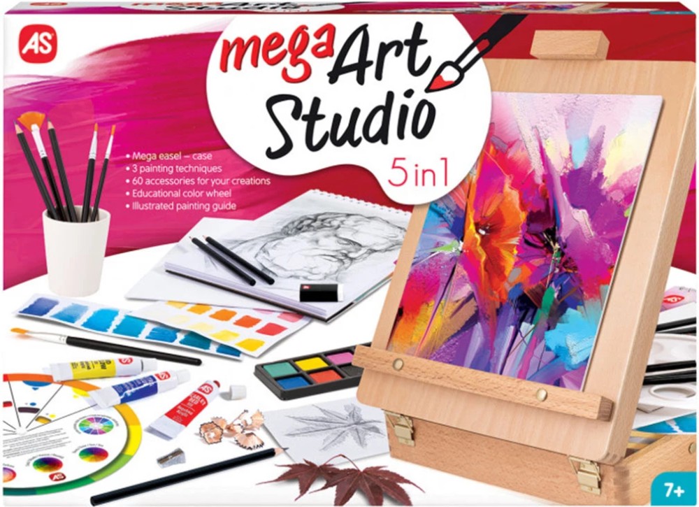 Мега комплект за рисуване 5 в 1 As Company Мега комплект за рисуване 5 в 1 As Company - 63 части в дървено куфарче -