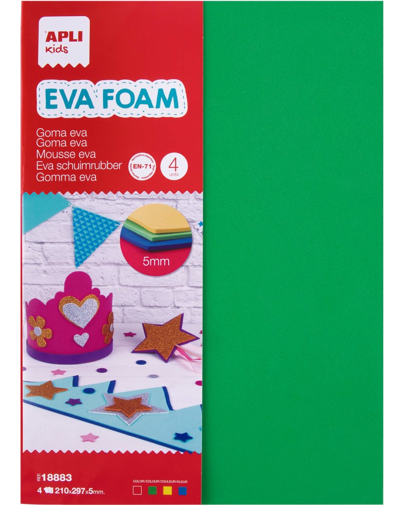Листове EVA пяна Apli Kids Листове EVA пяна Apli Kids - 4 цвята, 21 x 30 cm -