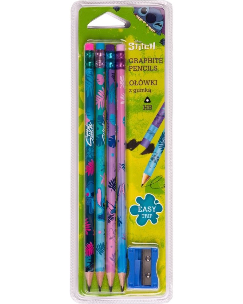 Графитни моливи HB Colorino Kids - Стич Графитни моливи HB Colorino Kids - Стич - 4 броя, с гумички и острилка на тема Лило и Стич -