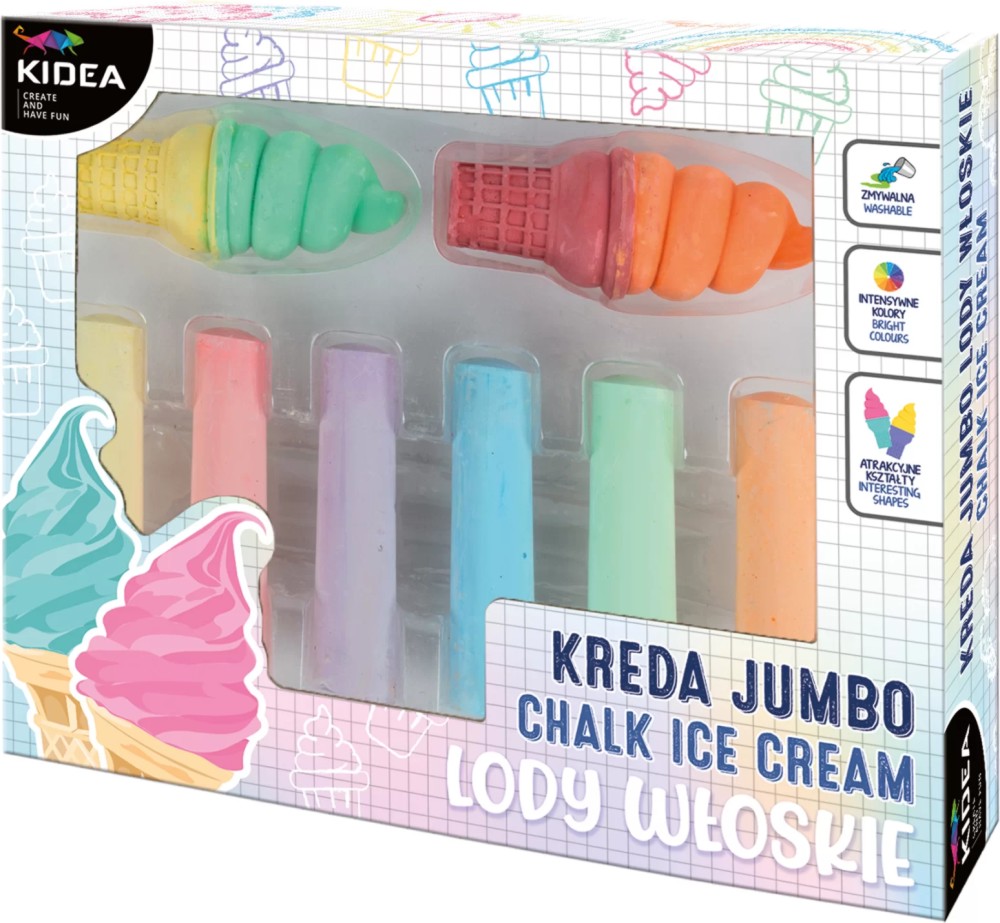 Цветни тебешири Kidea Jumbo Ice Cream Цветни тебешири Kidea Jumbo Ice Cream - 8 броя -