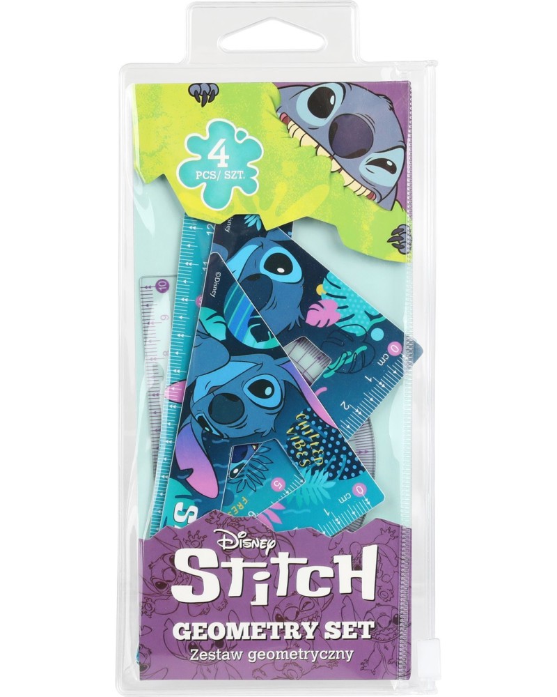 Чертожни инструменти Colorino Kids - Стич Чертожни инструменти Colorino Kids - Стич - Линия, 2 триъгълника и транспортир на тема Лило и Стич -