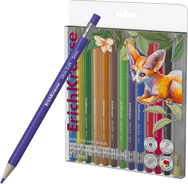 Автоматични цветни моливи Erich Krause Safari Автоматични цветни моливи Erich Krause Safari - 12 цвята с острилка -