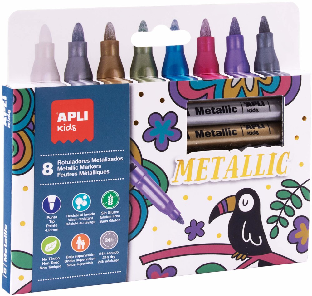 Цветни маркери Apli Kids Metallic Цветни маркери Apli Kids Metallic - 8 цвята с металически ефект -