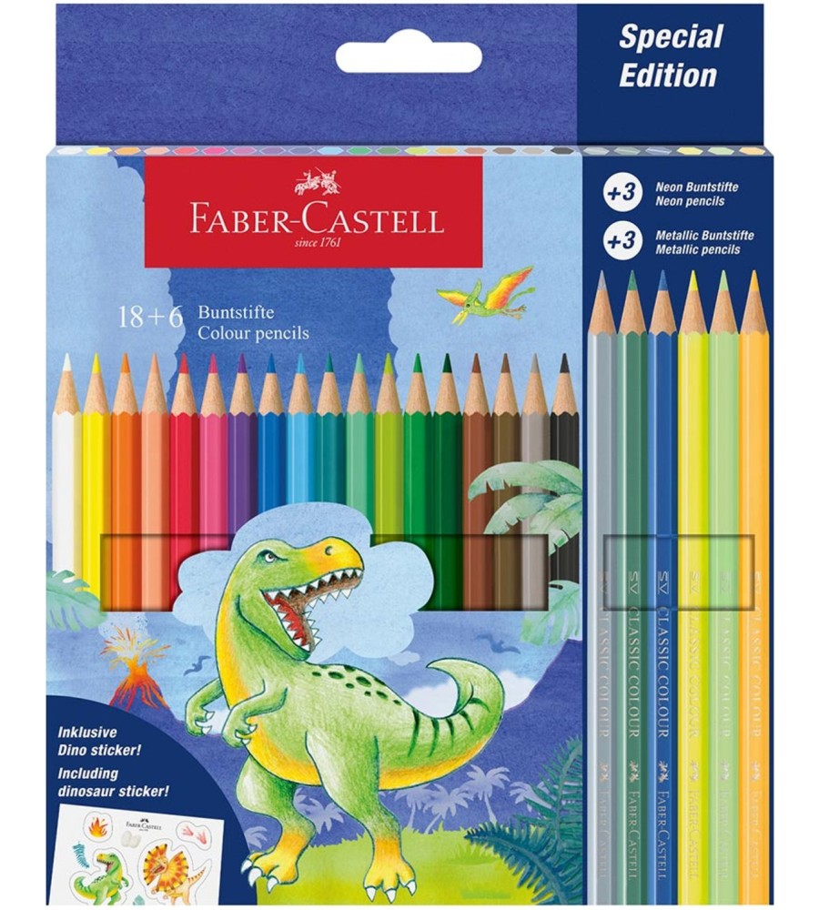 Цветни моливи Faber-Castell - Динозавър Цветни моливи Faber-Castell - Динозавър - 18 цвята + 3 металикови, 3 неонови и стикери -