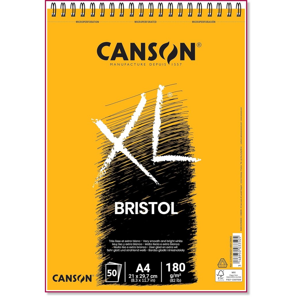    Canson Bristol - 50 , A4, 180 g/m<sup>2</sup>   XL - 