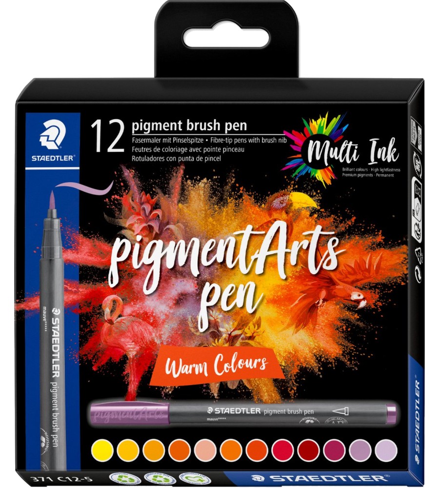 Маркери с връх тип четка Staedtler Pigment Arts 371 Warm Colours Маркери с връх тип четка Staedtler Pigment Arts 371 Warm Colours - 12 топли цвята -