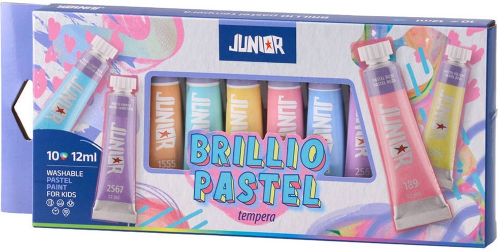 Темперни бои Junior Brillio Pastel Темперни бои Junior Brillio Pastel - 10 пастелни цвята x 12 ml - боя