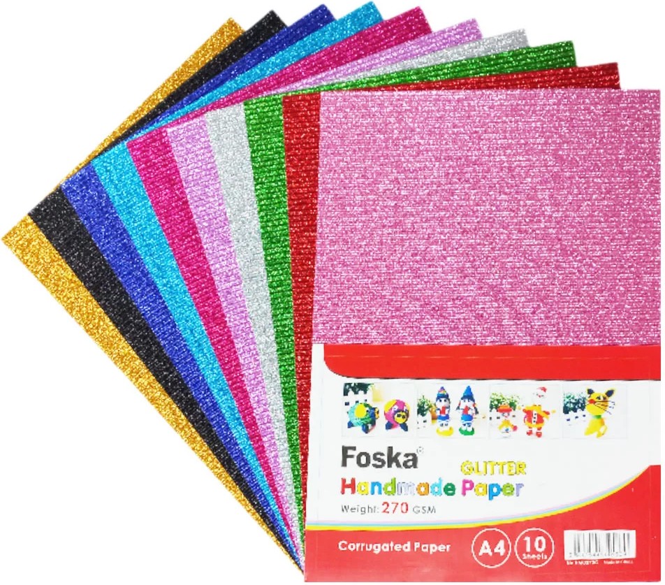 Цветен гофриран картон с брокат Foska Цветен гофриран картон с брокат Foska - 10 листа, A4, 270 g/m<sup>2</sup> -