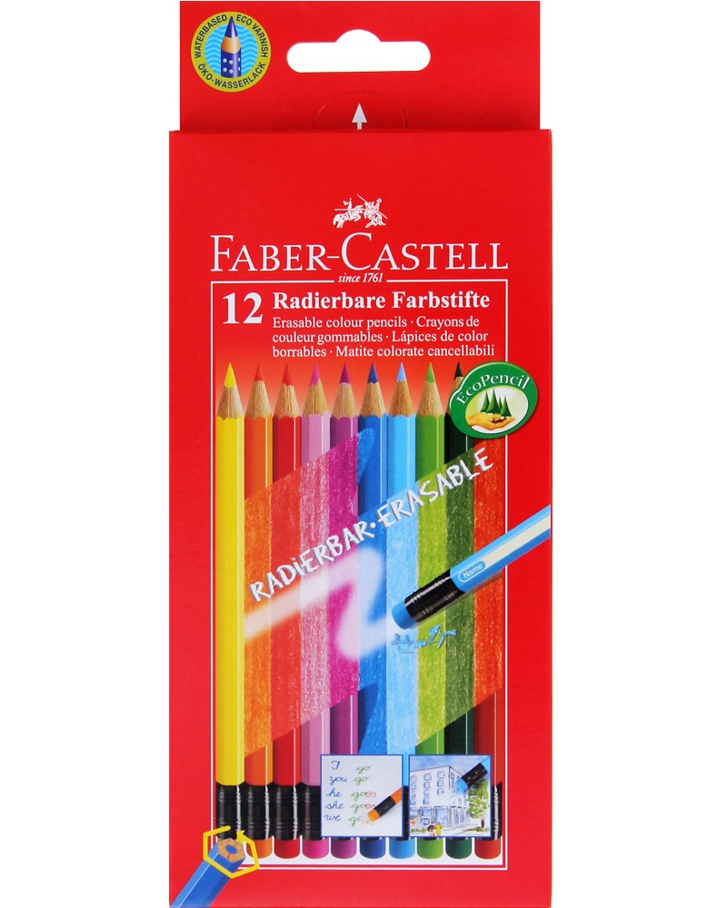 Изтриваеми цветни моливи Faber-Castell Изтриваеми цветни моливи Faber-Castell - 12 цвята с гумички -