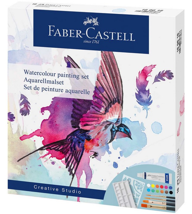 Акварелни бои Faber-Castell Акварелни бои Faber-Castell - 12 цвята x 5 ml с четки, палитра и шаблон от серията Creative studio -