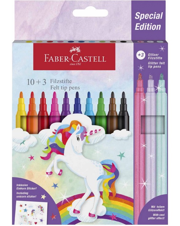 Флумастери Faber-Castell - Еднорог Флумастери Faber-Castell - Еднорог - 10 цвята + 3 блестящи и стикери -