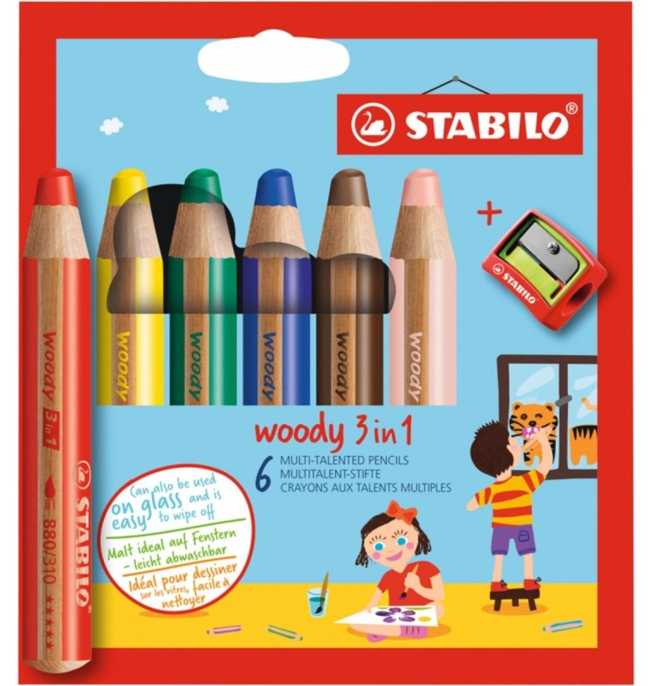 Цветни моливи Stabilo Woody 3 in 1 Цветни моливи Stabilo Woody 3 in 1 - 6 цвята с острилка -