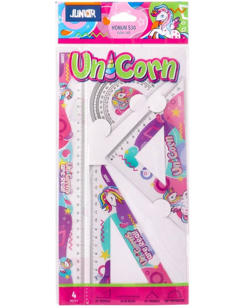 Чертожни инструменти Junior Honun S30 Unicorn Чертожни инструменти Junior Honun S30 Unicorn - Линия, 2 триъгълника и транспортир на тема Еднорози -