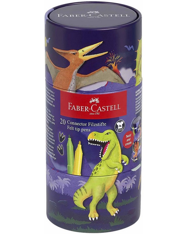 Флумастери Faber-Castell - Динозавър Флумастери Faber-Castell - Динозавър - 20 цвята в кутия от серията Connector -