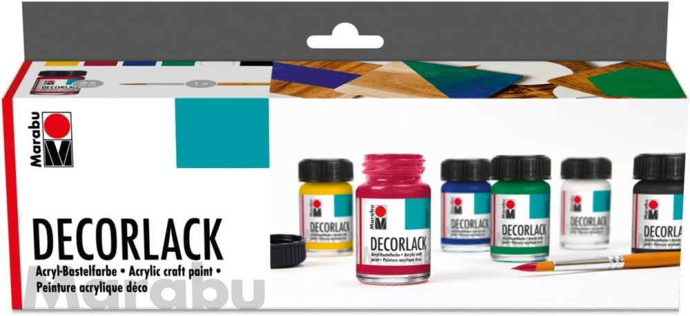 Гланцови акрилни бои Marabu Decorlack Гланцови акрилни бои Marabu Decorlack - 6 цвята x 15 ml с четка -
