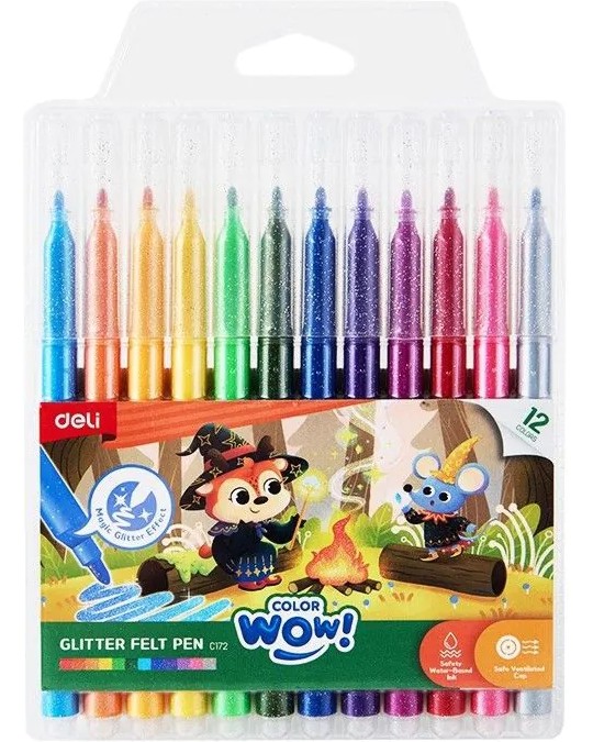 Флумастери с брокат Deli Флумастери с брокат Deli - 12 цвята от серията Color Wow -