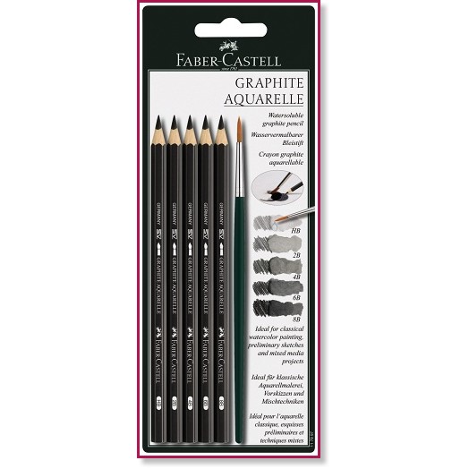 Акварелни графитни моливи Faber-Castell - 5 броя и четка - 