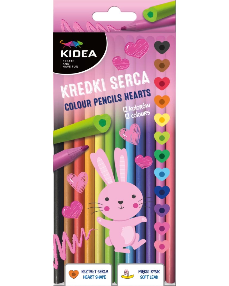 Цветни моливи Kidea - Сърца Цветни моливи Kidea - Сърца - 12 цвята -