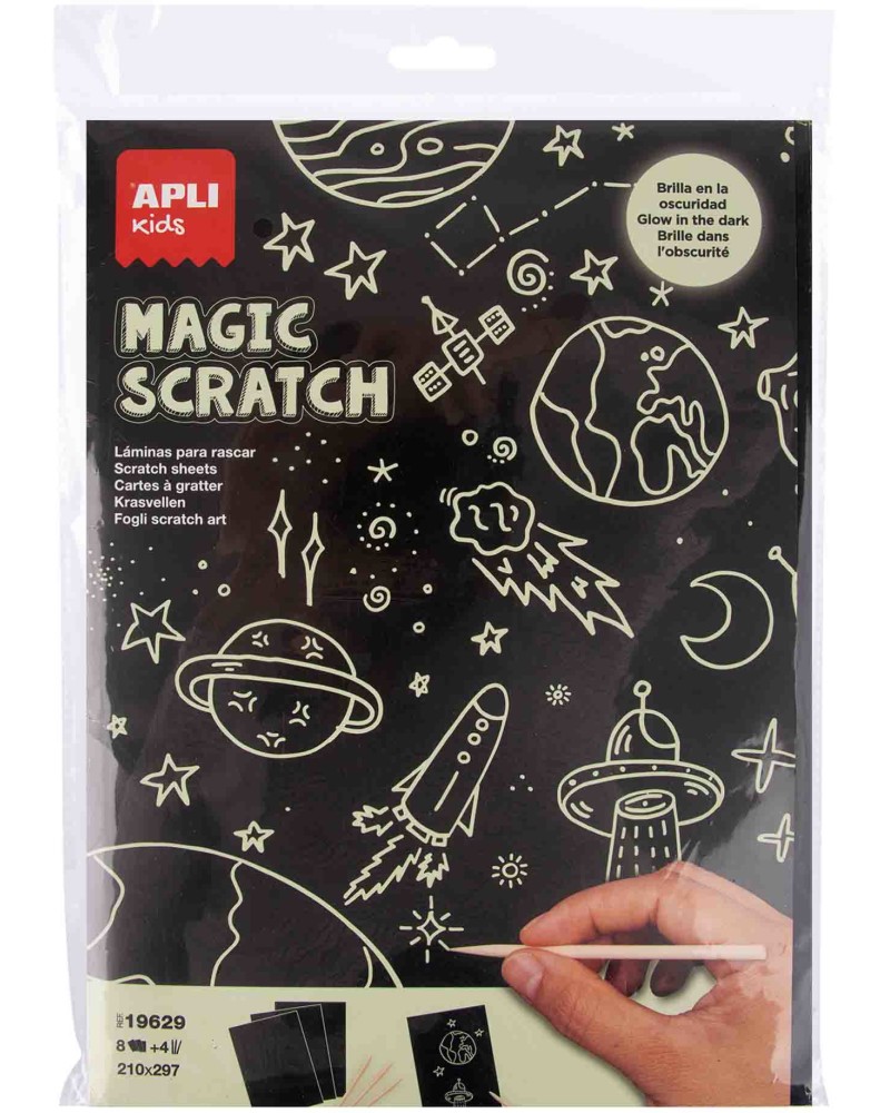 Флуоресцентни скреч картини Apli Kids Magic Scratch Glow in the Dark Флуоресцентни скреч картини Apli Kids Magic Scratch Glow in the Dark - 8 листа, 4 дървени стика -