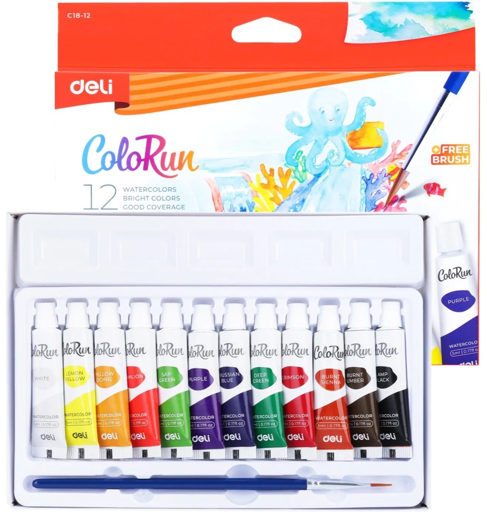 Акварелни бои Deli EC18 Акварелни бои Deli EC18 - 12 или 24 цвята x 5 ml с четка от серията Colorun - боя