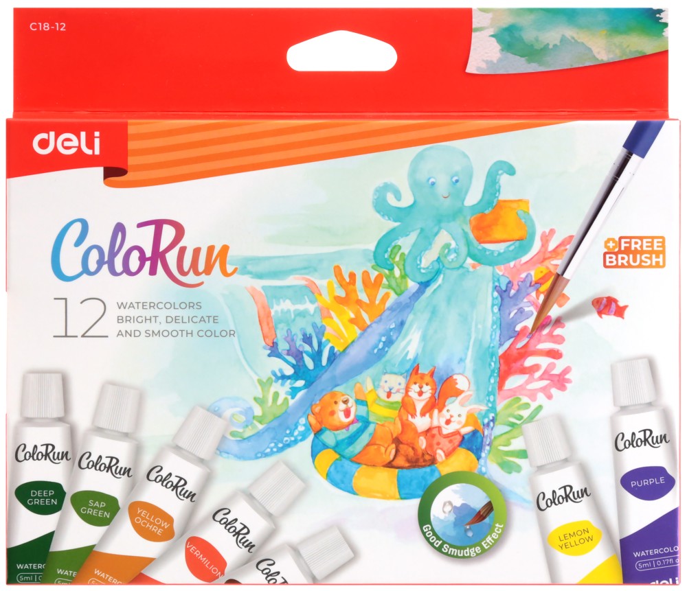 Акварелни бои Deli Акварелни бои Deli - 12 или 24 цвята x 5 ml с четка от серията Colorun - боя