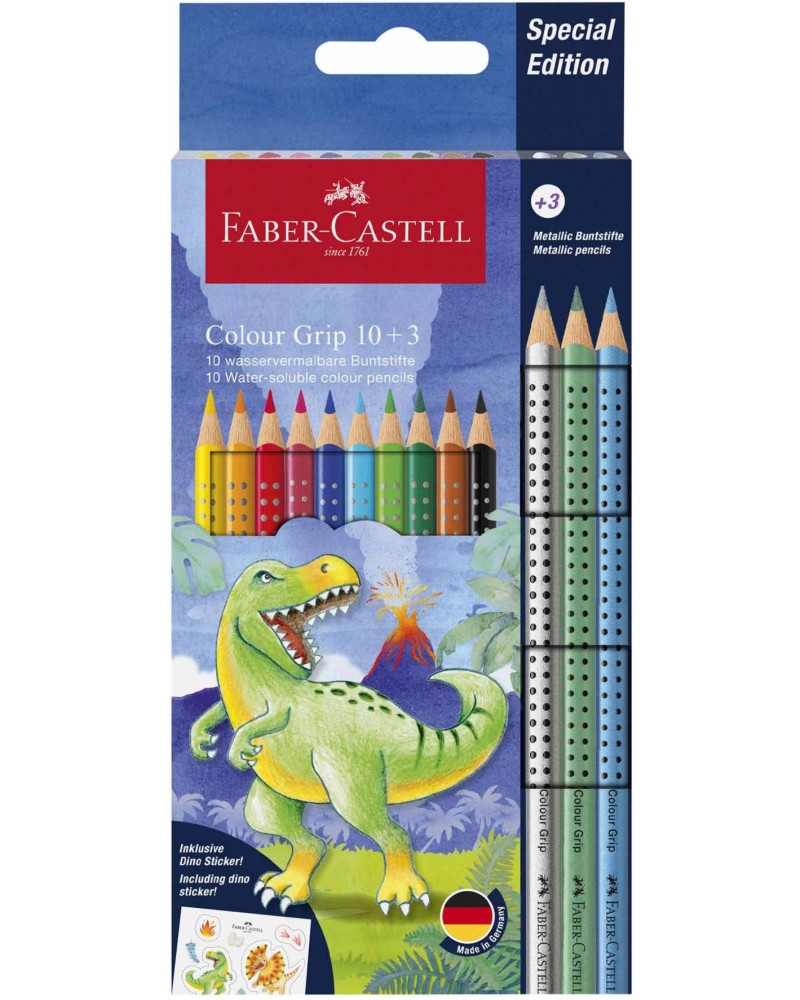 Цветни моливи Faber-Castell Grip 2001 - Динозавър Цветни моливи Faber-Castell Grip 2001 - Динозавър - 10 цвята + 3 металикови и стикери -