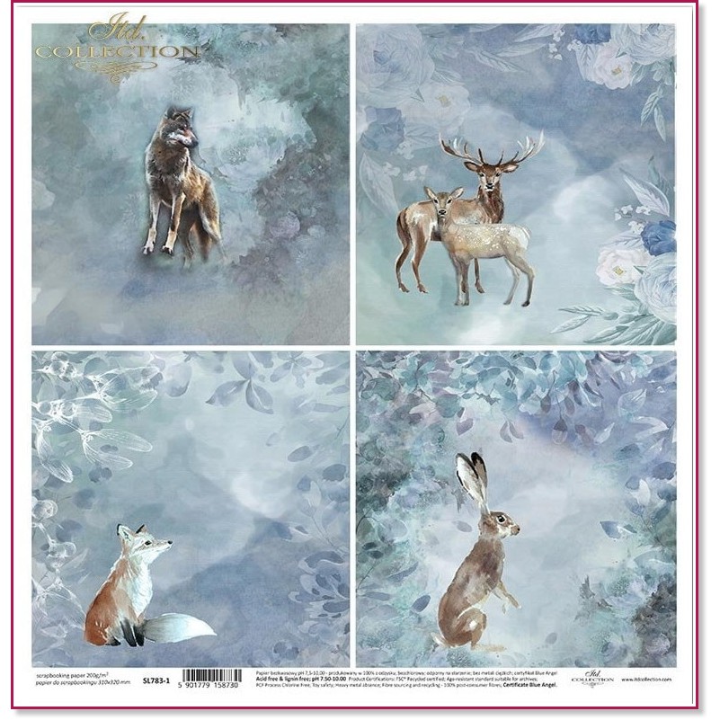 Хартия за скрапбукинг ITD Collection - Горски животни Хартия за скрапбукинг ITD Collection - Горски животни - 31 x 32 cm -