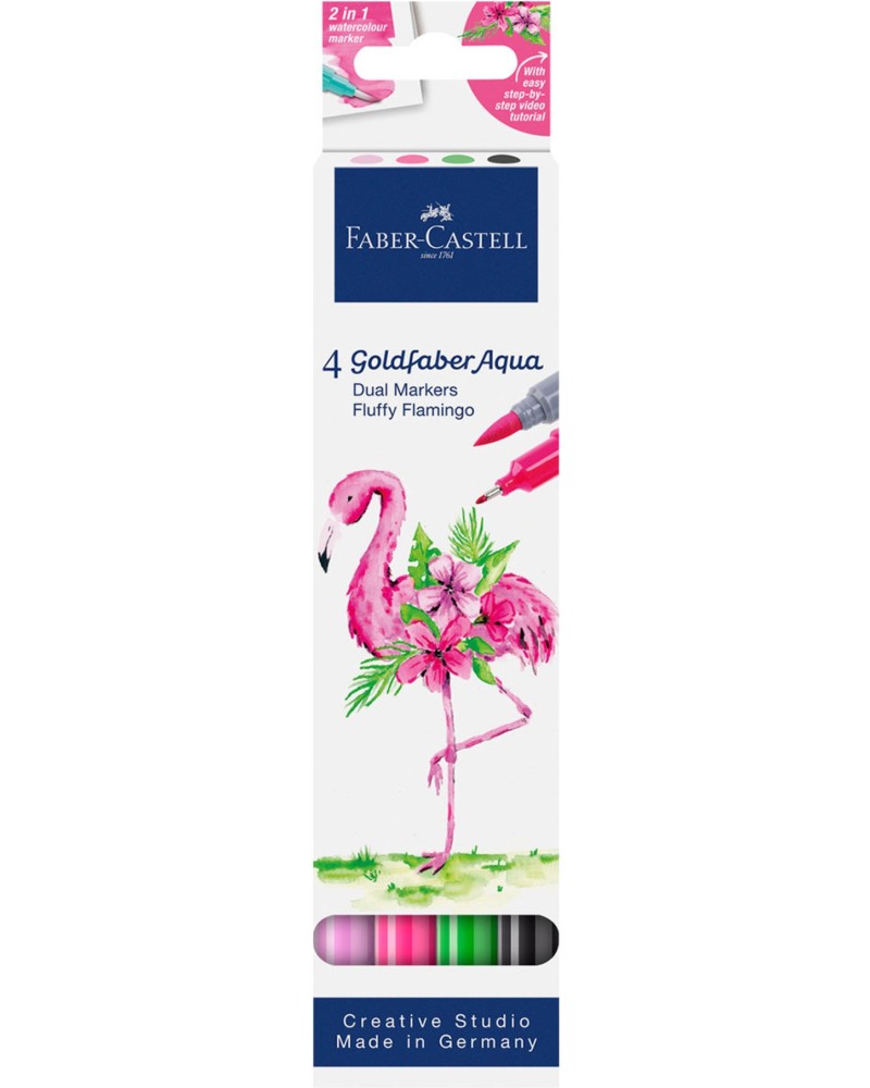 Двустранни акрилни маркери Faber-Castell Aqua Flamingo Двустранни акрилни маркери Faber-Castell Aqua Flamingo - 4 цвята от серията Goldfaber -