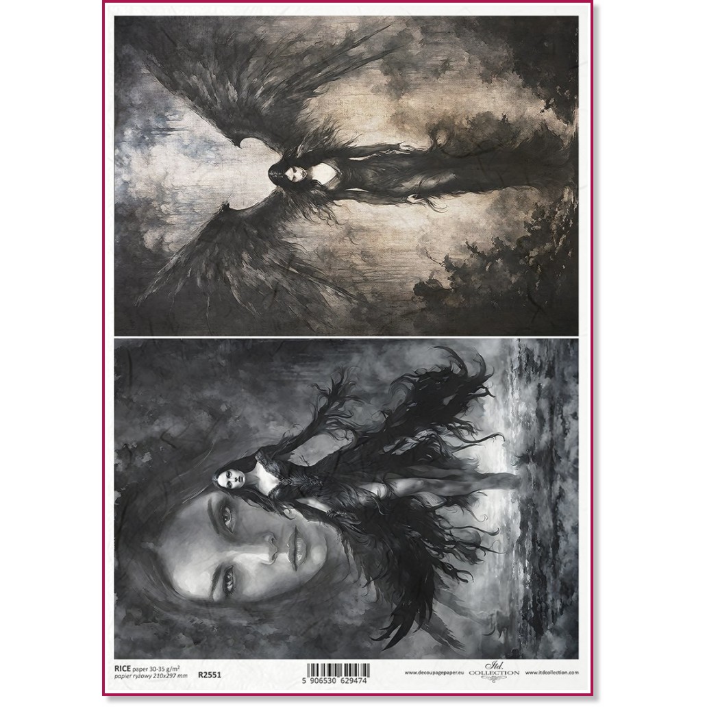 Декупажна хартия ITD Collection - Тъмнокрил ангел Декупажна хартия ITD Collection - Тъмнокрил ангел - A4 -