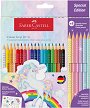 Цветни моливи Faber-Castell Grip 2001 - Еднорог - 18 цвята + 6 блестящи и стикери -